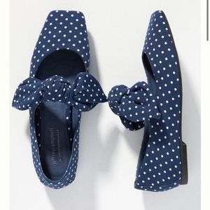 🆕Jeffery Campbell Anthropologie Printed Bow Navy Blue Polka Dot Flats US 8